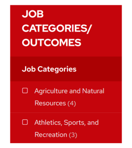 Job Categories and Outcomes filters (for example, agriculture and natural resources or atheletics, sports, and recreation) on Student Jobs Platform